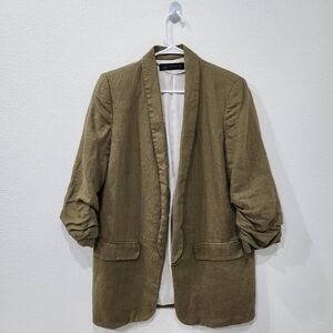 Zara Woman Olive Brown Linen Blazer 3/4 Sleeve Accents Lined Size Medium